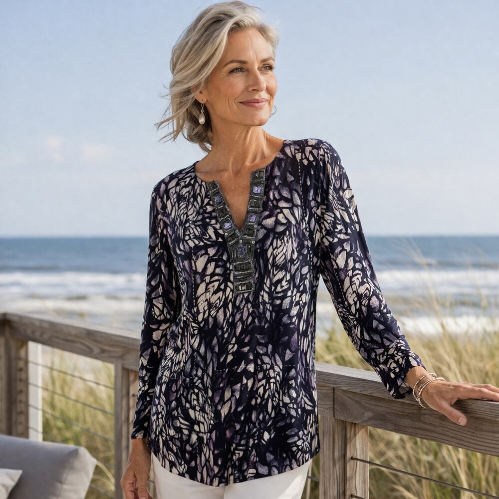Chico's Purple Tan Floral Bead Embellished Stretch Knit Top 2